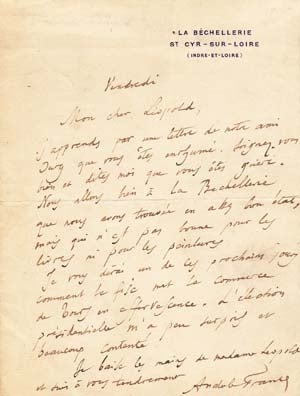 Item #203423 Autograph letter signed; "Anatole France," undated, to "Mon cher Leopold" Anatole...