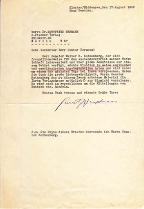 Item #203426 Typed Letter Signed; "Gerhart Hauptmann" to Gottfried Bermann, August 17, 1932....