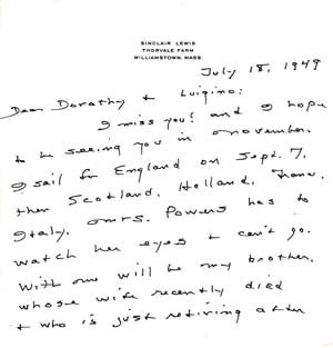 Item #203428 Autograph Letter Signed; "Sinclair," to Luigino and Dorothy, Baron and Baroness Franchetti, July 18, 1949. Sinclair Lewis.