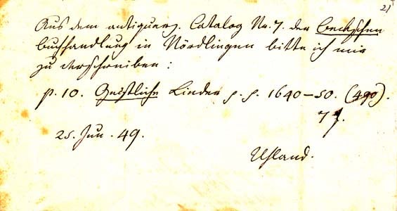 Item #203436 Autograph note signed; "Uhland," June 25, 1849. Ludwig Uhland.