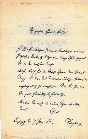 Item #203441 Autograph letter signed; "Freytag" to unnamed "Sehr geehrter Herr und Freund," January 7, 1862. Gustav Freytag.