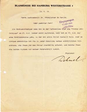 Item #203465 Typed letter signed; "Dehmel," to Richard Otto Frankfurter, June 14, 1914. Richard...