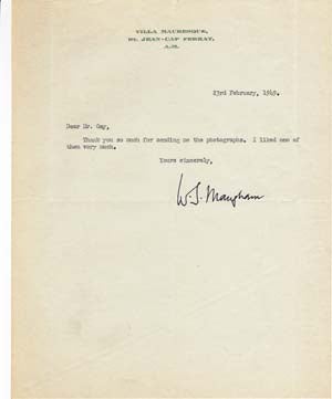 Item #203472 Autograph letter signed; "W.S. Maugham," to "Mr. Gay," Febraury 23, 1949. W. Somerset Maugham.