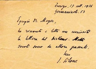 Item #203481 Autograph postcard signed; "I. Silone," to Oscar Meyer, September 17,...