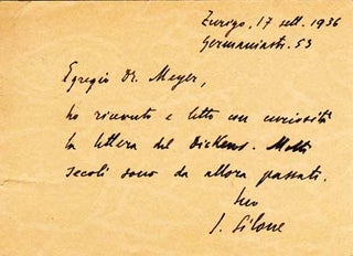 Item #203481 Autograph postcard signed; "I. Silone," to Oscar Meyer, September 17, 1936. Ignazio...
