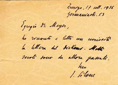 Item #203481 Autograph postcard signed; "I. Silone," to Oscar Meyer, September 17, 1936. Ignazio Silone.