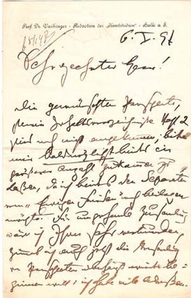 Item #203484 Autograph letter signed; "H Vaihinger," to a "Sehr geehrter Herr," January 6, 1897....