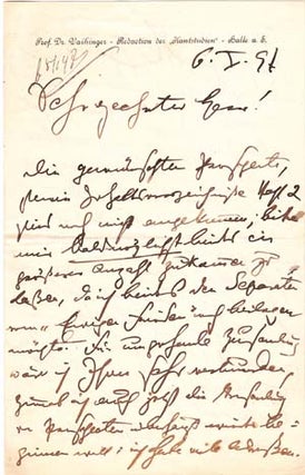 Item #203484 Autograph letter signed; "H Vaihinger," to a "Sehr geehrter Herr," January 6, 1897....