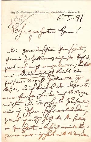 Item #203484 Autograph letter signed; "H Vaihinger," to a "Sehr geehrter Herr," January 6, 1897. Hans Vaihinger.