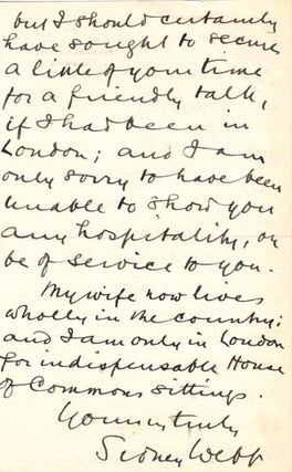 Item #203485 Autograph letter signed; "Sidney Webb," to Rose Hilferding, May 27, 1926. Sidney Webb