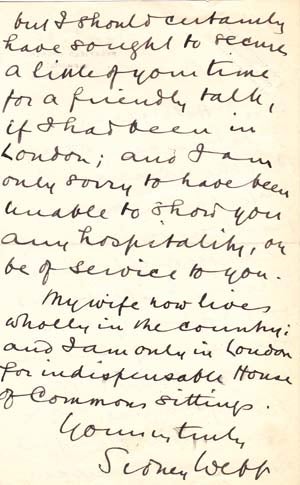 Item #203485 Autograph letter signed; "Sidney Webb," to Rose Hilferding, May 27, 1926. Sidney Webb.