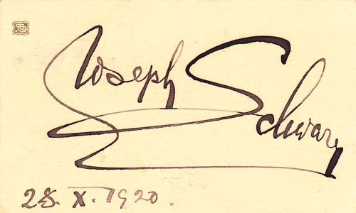 Item #203504 Signature; on small calling card, dated October 28, 1920. Joseph Schwarz.
