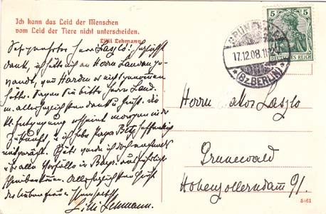 Item #203512 Autograph postcard signed; "Lilli Lehmann," to "Herr Laszlo," December 17, 1908. Lilli Lehmann.
