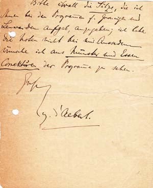 Item #203513 Autograph note signed; "E. d'Albert," no recipient, no date. Eugen d'Albert.