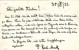 Item #203517 Autograph postcard signed; "Dr. Karl Muck," to Maria Proelss, October 25,...
