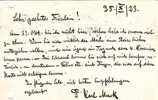 Item #203517 Autograph postcard signed; "Dr. Karl Muck," to Maria Proelss, October 25, 1923. Karl...