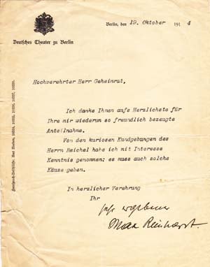 Item #203524 Typed letter signed; "Ihr ergebener Max Reinhardt," to Joseph Kohler, October 19, 1914. Max Reinhardt.