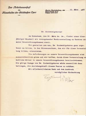 Item #203527 Typed letter signed; "TIetjen," "Walter," to "Ew. Hochwohlgeboren" March 10, 1928. Heinz Tietjen, Bruno Walter.