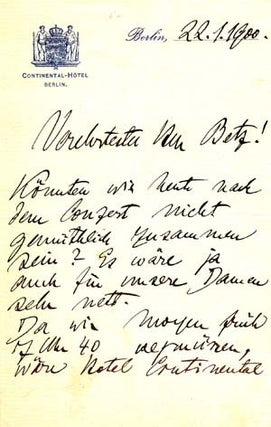 Item #203528 Autograph letter signed; "F Weingartner," to Herr Betz, January 22, 1900....