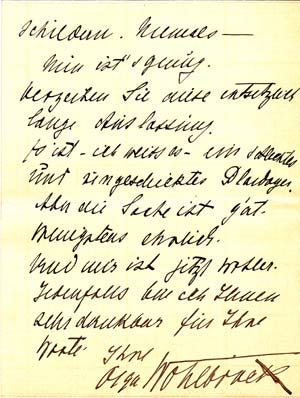 Item #203529 Autograph letter signed; "Olga Wohlbrück," to "Verehrter Herr Doktor," September 10, 1912. Olga Wohlbrück.