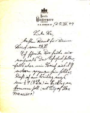 Item #203530 Autograph letter signed; "Otto," to Berta Kamm (his sister), December 2, 1947. Otto...