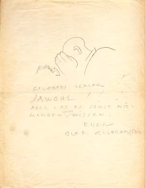 Item #203547 Autograph note signed, with a sketch; "Olaf Gulbransson," to the (unnamed) S. Fischer Verlag, no date. Olaf Gulbransson.