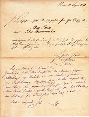 Item #203550 Autograph letter signed; "Laube" to Gustav Karpeles, April 21, 1879. Heinrich Laube