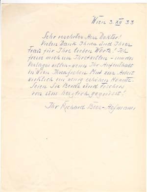 Item #203553 Autograph letter signed; "Richard Beer-Hofmann," to Gottfried...