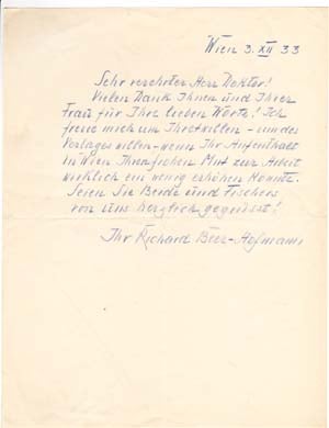 Item #203553 Autograph letter signed; "Richard Beer-Hofmann," to Gottfried Bermann-Fischer ("verehrter Herr Doktor!") December 3, 1933. Richard Beer-Hofmann.