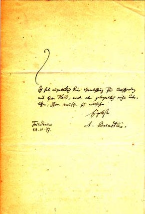 Item #203555 Autograph note signed; "A. Bernstein," October 28, 1877. Aron Bernstein