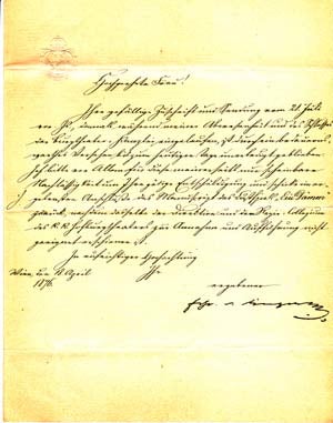 Item #203563 Letter signed; "Frhr v. Dingelstedt," to Ulla Frankfurter (unnamed), April 18, 1876. Franz von Dingelstedt.