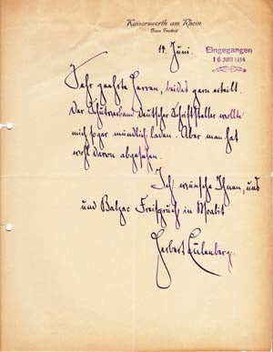 Item #203571 Autograph letter signed; "Herbert Eulenberg," to Richard Frankfurter (unnamed), June 14 (1914). Herbert Eulenberg.