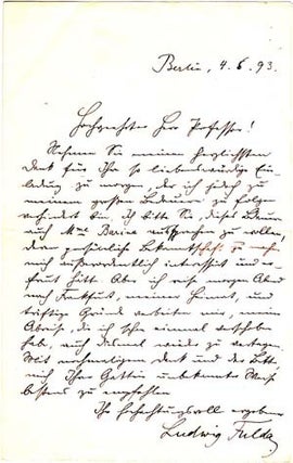 Item #203576 Autograph letter signed; "Ludwig Fulda," to "Hochgeehrtetr Herr...