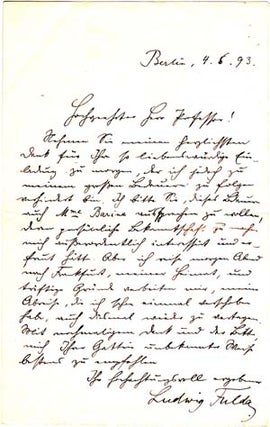 Item #203576 Autograph letter signed; "Ludwig Fulda," to "Hochgeehrtetr Herr Professor," May 4,...