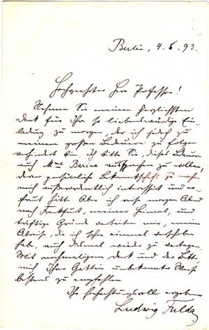 Item #203576 Autograph letter signed; "Ludwig Fulda," to "Hochgeehrtetr Herr Professor," May 4, 1893. Ludwig Fulda.