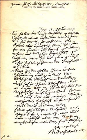Item #203579 Autograph letter signed; "Rudolf Gottschall," to Prof. Philippsohn, November 15, 1883. Rudolf von Gottschall.