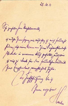 Item #203582 Autograph postcard signed; "Harden," to Richard Otto Frankfurter, October 22, 1913....