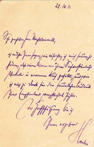 Item #203582 Autograph postcard signed; "Harden," to Richard Otto Frankfurter, October 22, 1913. Maximilian Harden.