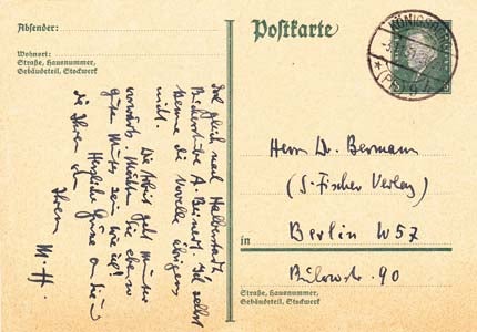Item #203584 Autograph postcard signed; "M.H.," to Gottfried Bermann, November 3, 1931. Manfred Hausmann.