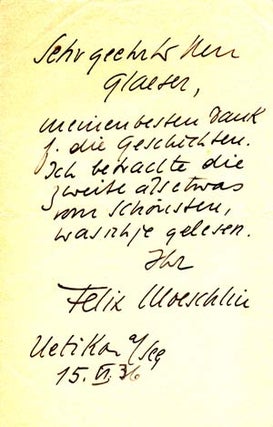 Item #203597 Autograph note signed; "Felix Moeschlin," to Ernst Glaeser, June 15, 1936. Felix...