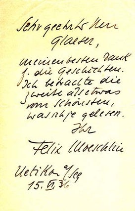 Item #203597 Autograph note signed; "Felix Moeschlin," to Ernst Glaeser, June 15, 1936....