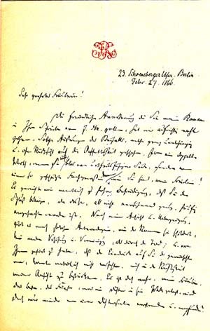 Item #203605 Autograph letter signed; "Julius Rodenberg," to Sophie Verena ("Sehr geehrtes Fräulein") February 27, 1866. Julius Rodenberg.
