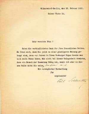 Item #203606 Typed letter signed; "Paul Schlenther," to Ulla Frankfurter ("Sehr verehrte Frau"),...