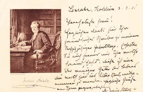 Item #203611 Autograph postcard signed; "Dr Julius Stinde," to Ulla Frankfurter ("Ulla Wolff-Frank") September 3, 1901. Julius Stinde.
