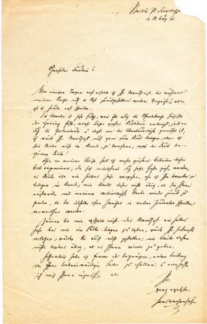 Item #203618 Autograph letter signed; "Hans Wachenhusen," to Sophie Verena ("Geehrtes Fräulein"), August 12, 1860. Hans Wachenhusen.