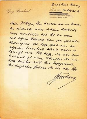 Item #203643 Autograph letter and autograph postcard signed; "Bernhard," to Oscar Meyer, August 10, 1936 & no date (1936). Georg Bernhard.