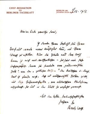 Item #203660 Autograph letter signed; "Theodor Wolff," to Ulla Frankfurter ("Meine Liebe gnädige...
