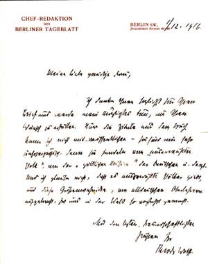 Item #203660 Autograph letter signed; "Theodor Wolff," to Ulla Frankfurter ("Meine Liebe gnädige...