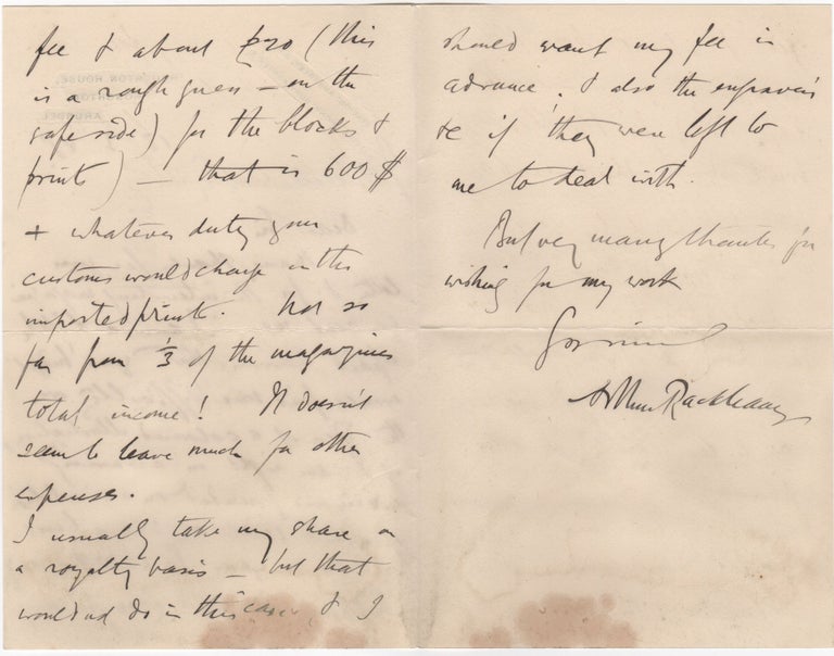 Item #204345 Autograph letter signed; March 12, 1928, to John M. Weatherwax. Arthur Rackham.