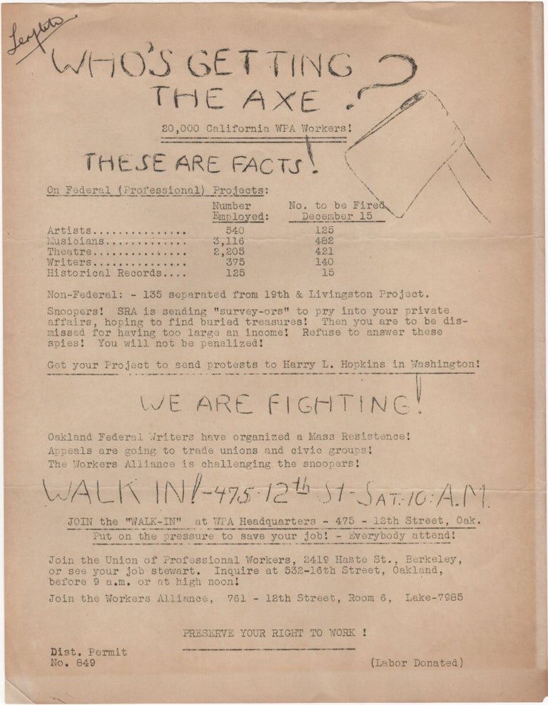 Item #204371 Who's Getting the Axe?; 20,000 California WPA Workers! THESE ARE FACTS. . WPA.
